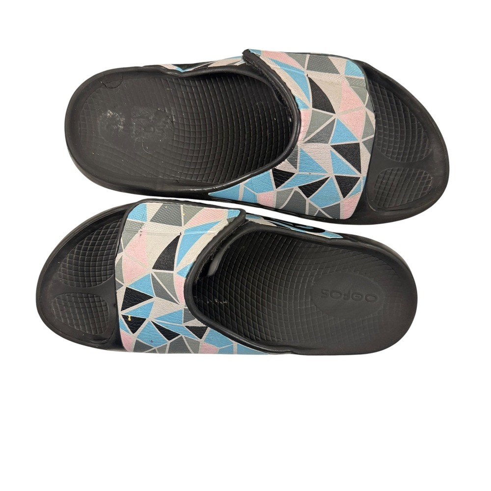 Oofos OOahh Sport Flex Recovery Slides Pink Blue Geometric Adjustable Sandals W9 - Picture 5 of 8